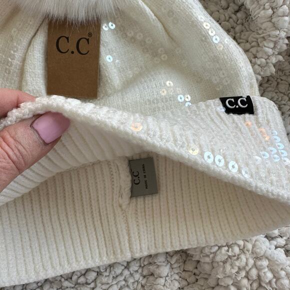 C.C Women’s White Sequin Pom Pom Knit Beanie & Silver Cubic Zirconia Earrings - Picture 13 of 16